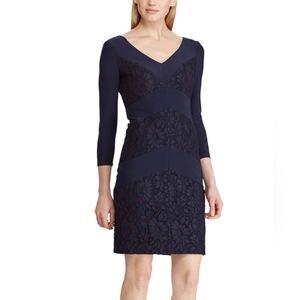 Lauren Ralph Lauren Blue V-neck Chevron Lace Trim 3/4 Sleeve Jersey Dress Sz 10